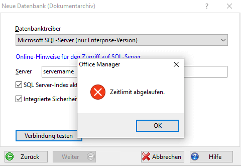 Fehlermeldung beim Verbinden zum SQL-Server