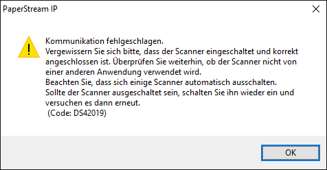 PaperStream IP Kommunikation fehlgeschlagen. Code: DS42019