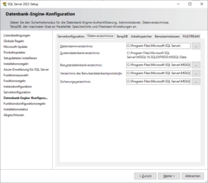 SQL Server-Installationscenter: Datenverzeichnisse