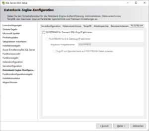 SQL Server-Installationscenter: Filestream