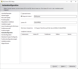 SQL Server-Installationscenter: Instanzauswahl