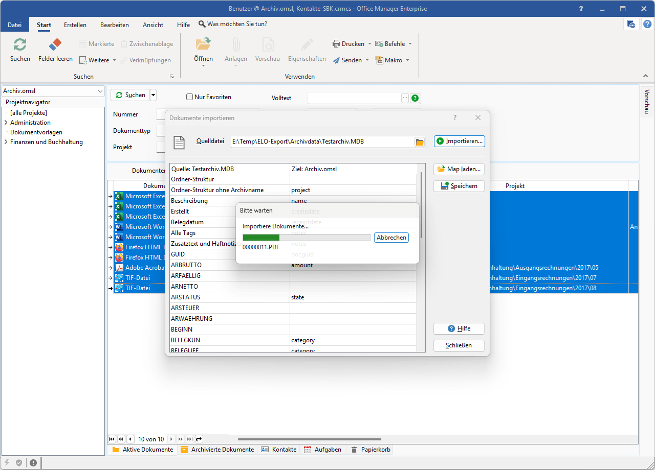 Screenshot des Importvorgangs